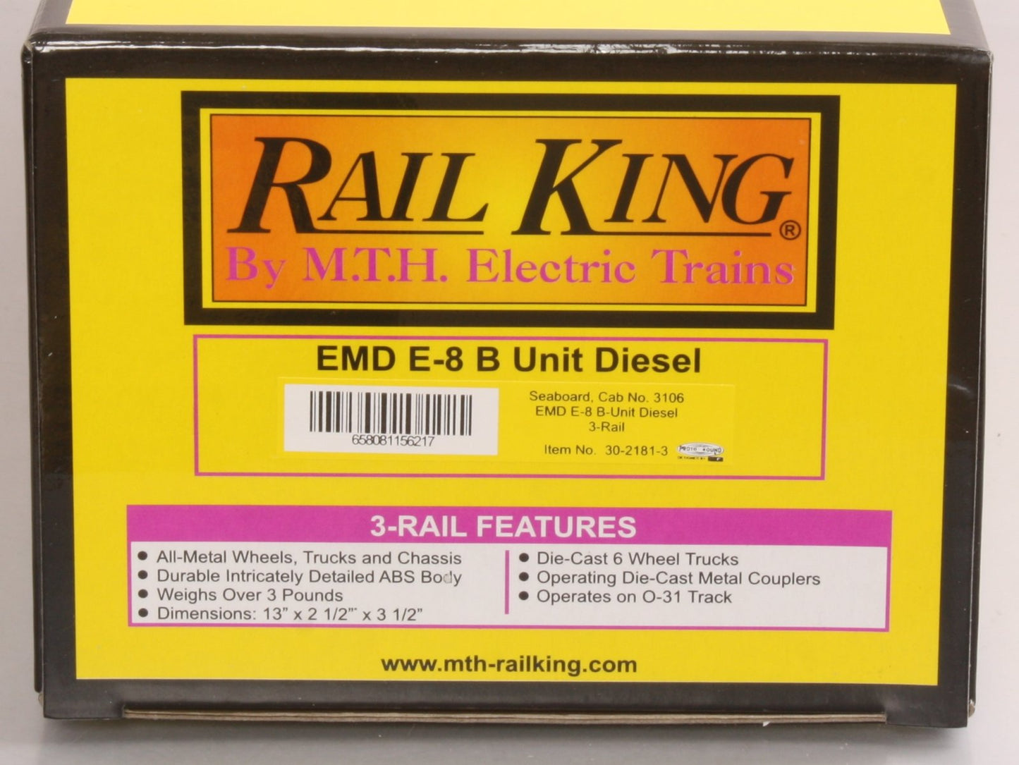 MTH 30-2181-3 O Seaboard EMD E-8 B Unit Non-Powered Diesel Engine #3106 LN/Box