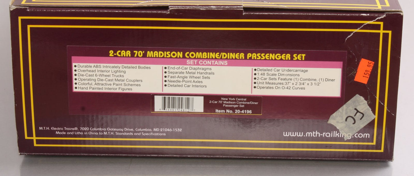 MTH 20-4196 O New York Central 70’ Madison Comb/Din Passenger Set (Set of 2) LN/Box