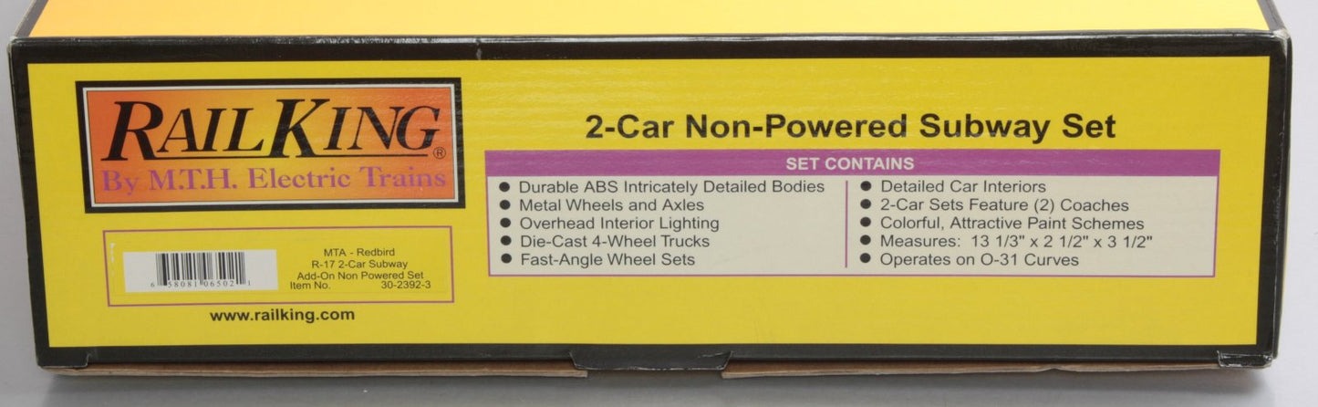 MTH 30-2392-3 O MTA - Redbird R-17 Subway Add-On Non Powered Set (Set of 2) LN/Box