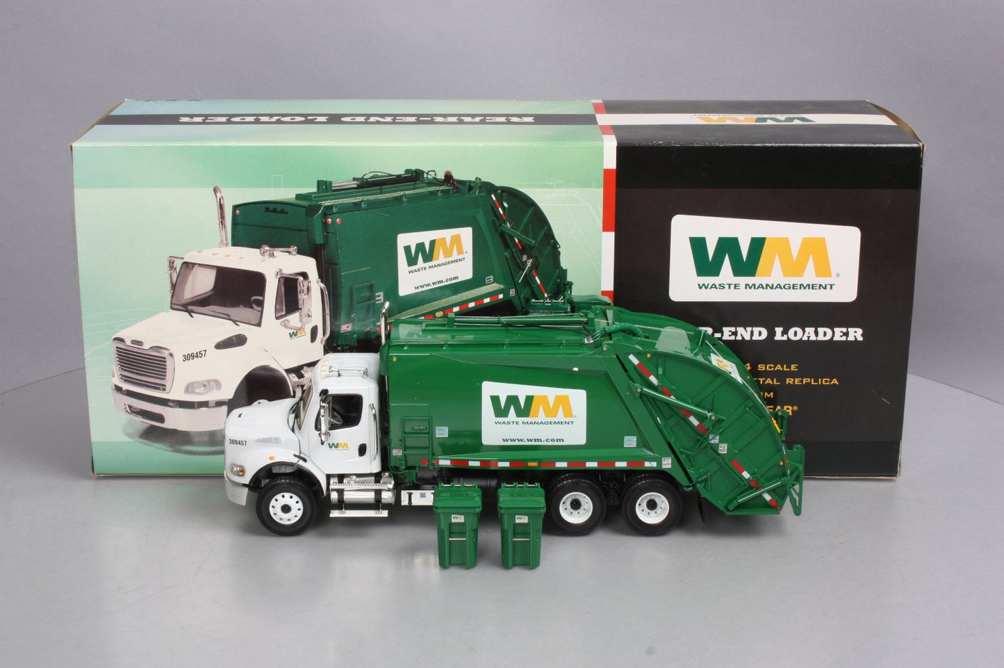 First Gear 10-3287 1:34 Waste Management Rear-End Loader with 2-Trash Cans