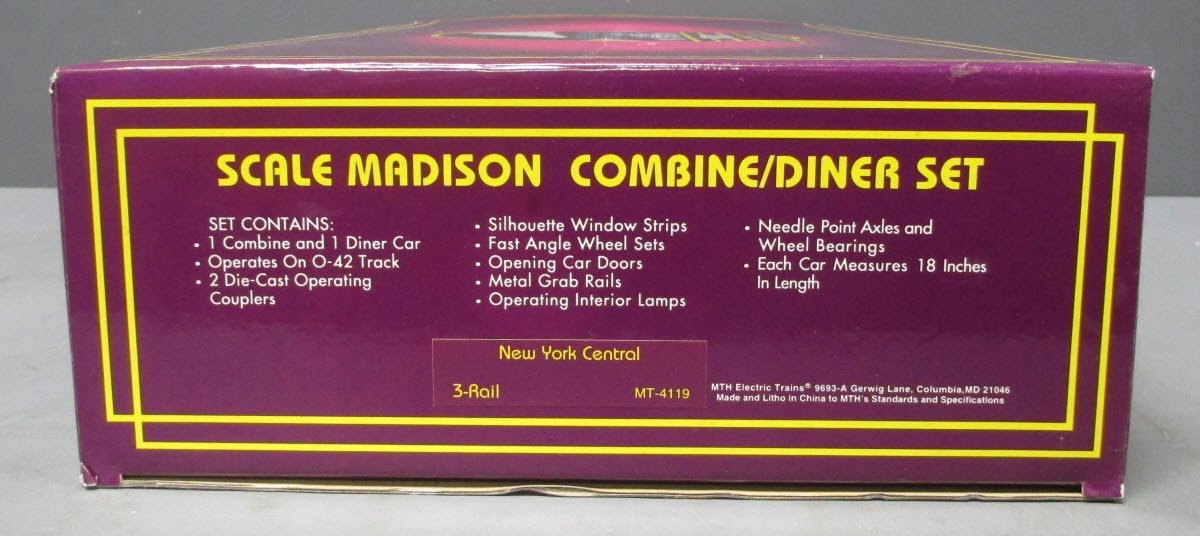MTH 20-4119 O Gauge New York Central 70' Madison RPO/Diner Passenger Car Set EX/Box