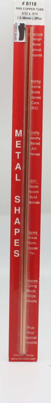 K&S 8118 3/32" x .014" x 12" Round Copper Tube