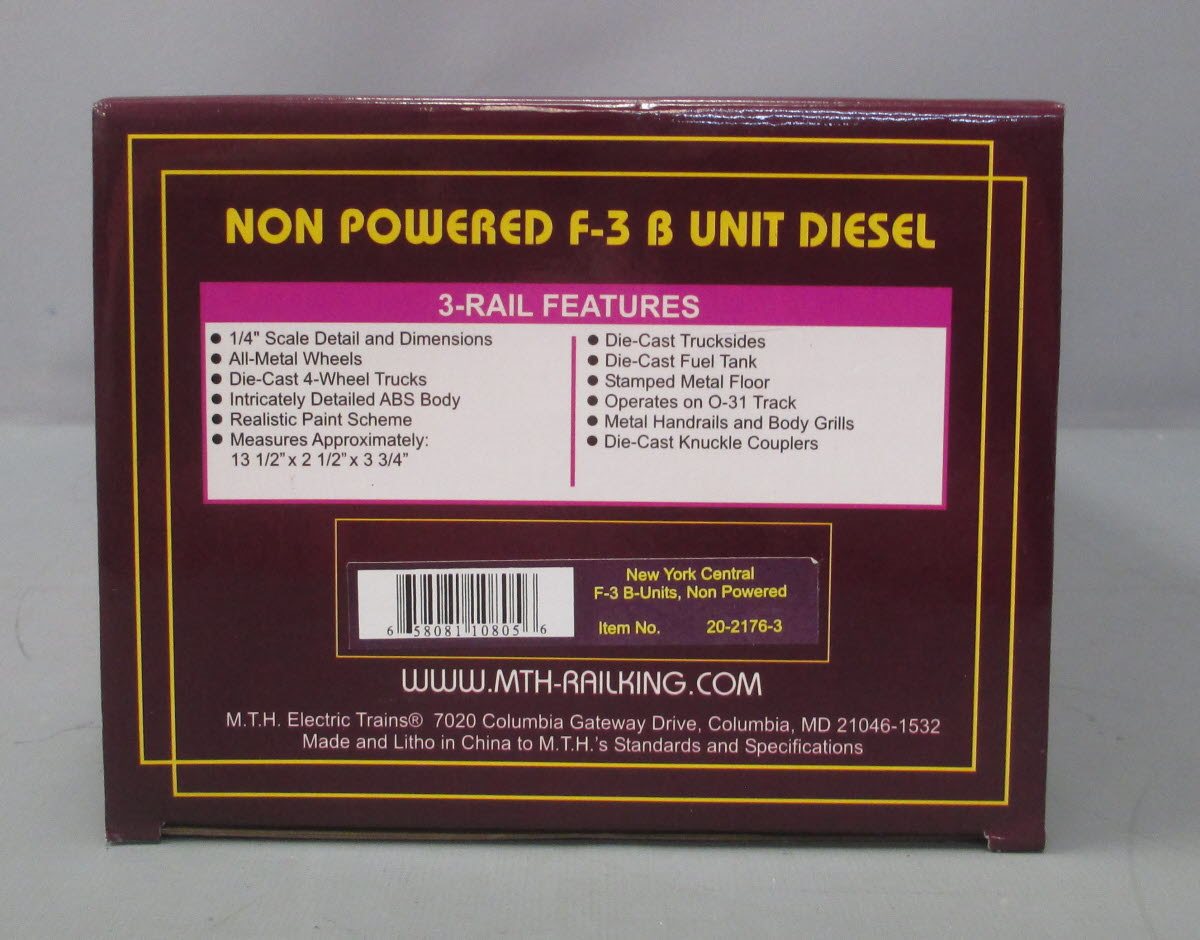 MTH 20-2176-3 O Gauge New York Central F3 B Unit Non-Powered Diesel Engine LN/Box