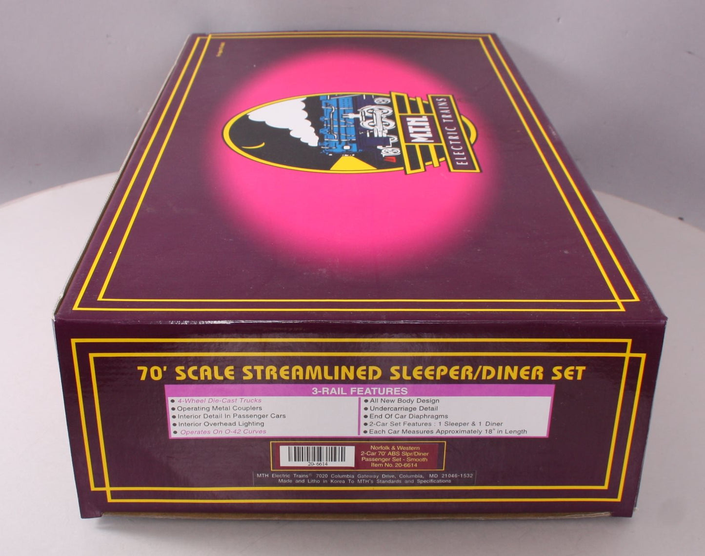MTH 20-6614 O Gauge Norfolk & Western 2-Car 70' ABS Sleeper/Diner Passenger Set LN/Box
