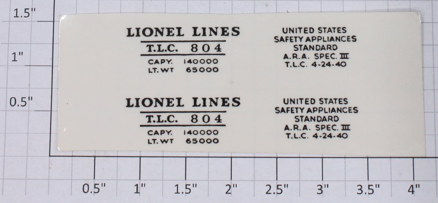 Lionel 804-10 Lionel Lines Tank Car Side Decal Set-Pair (Pair of 2)