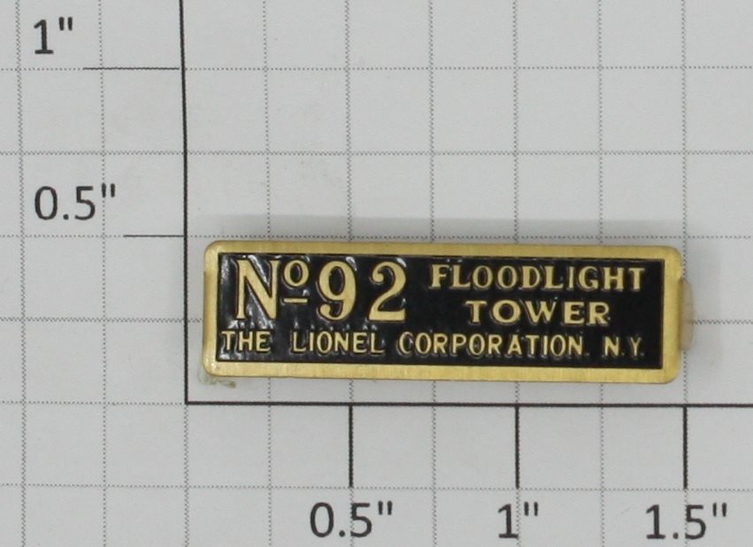 Lionel 92-20 Brass Floodlight Tower Nameplate with Mounting Tabs