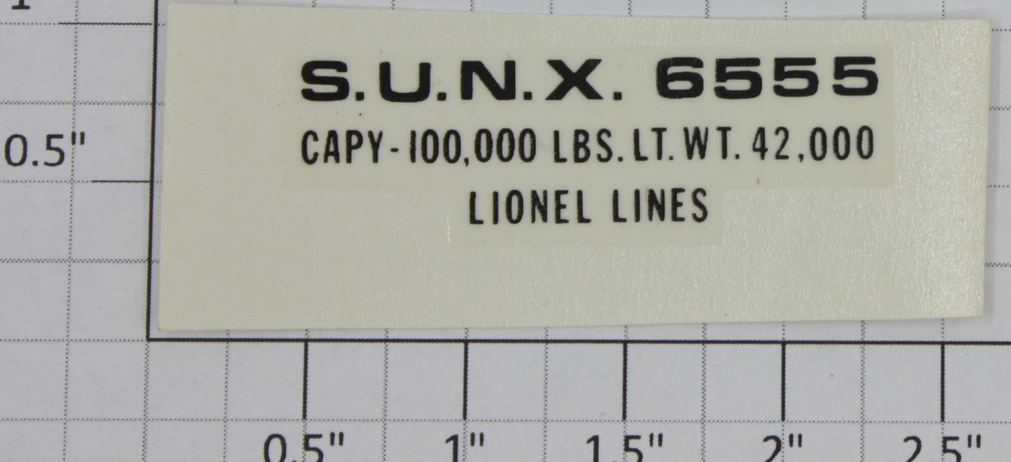 Lionel 6555-15 "S.U.N.X 6555" Tank Car Water Soluble Decal
