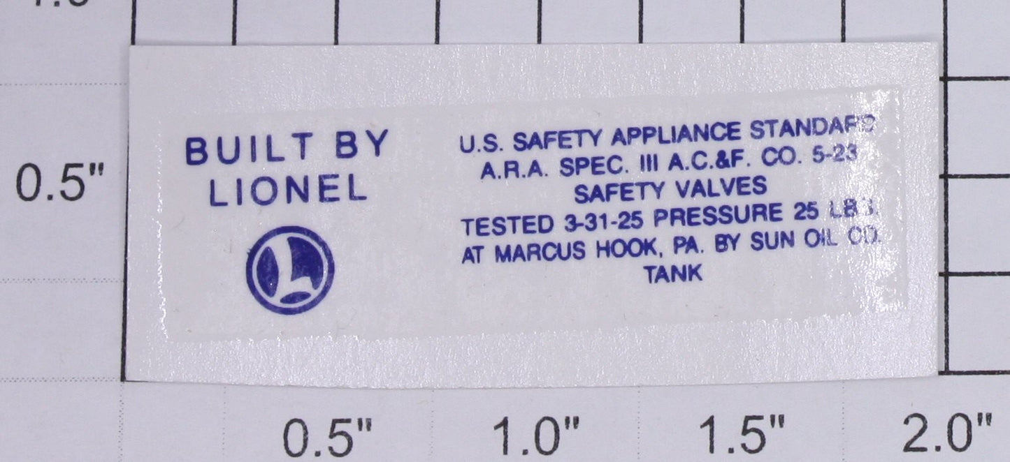 Lionel 2465-1 Blue Lettering Sunoco Safety Standards Water Decal-Standards Only