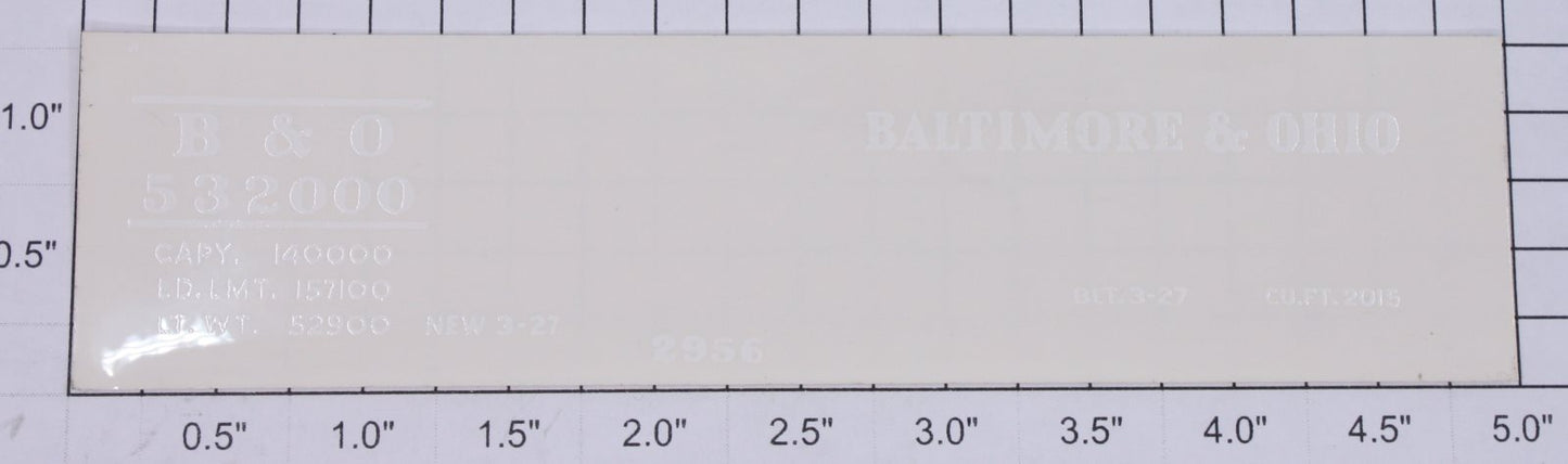 Lionel 2956-10 White Lettering B&O #532000 Name and Capacity Sticker Decal