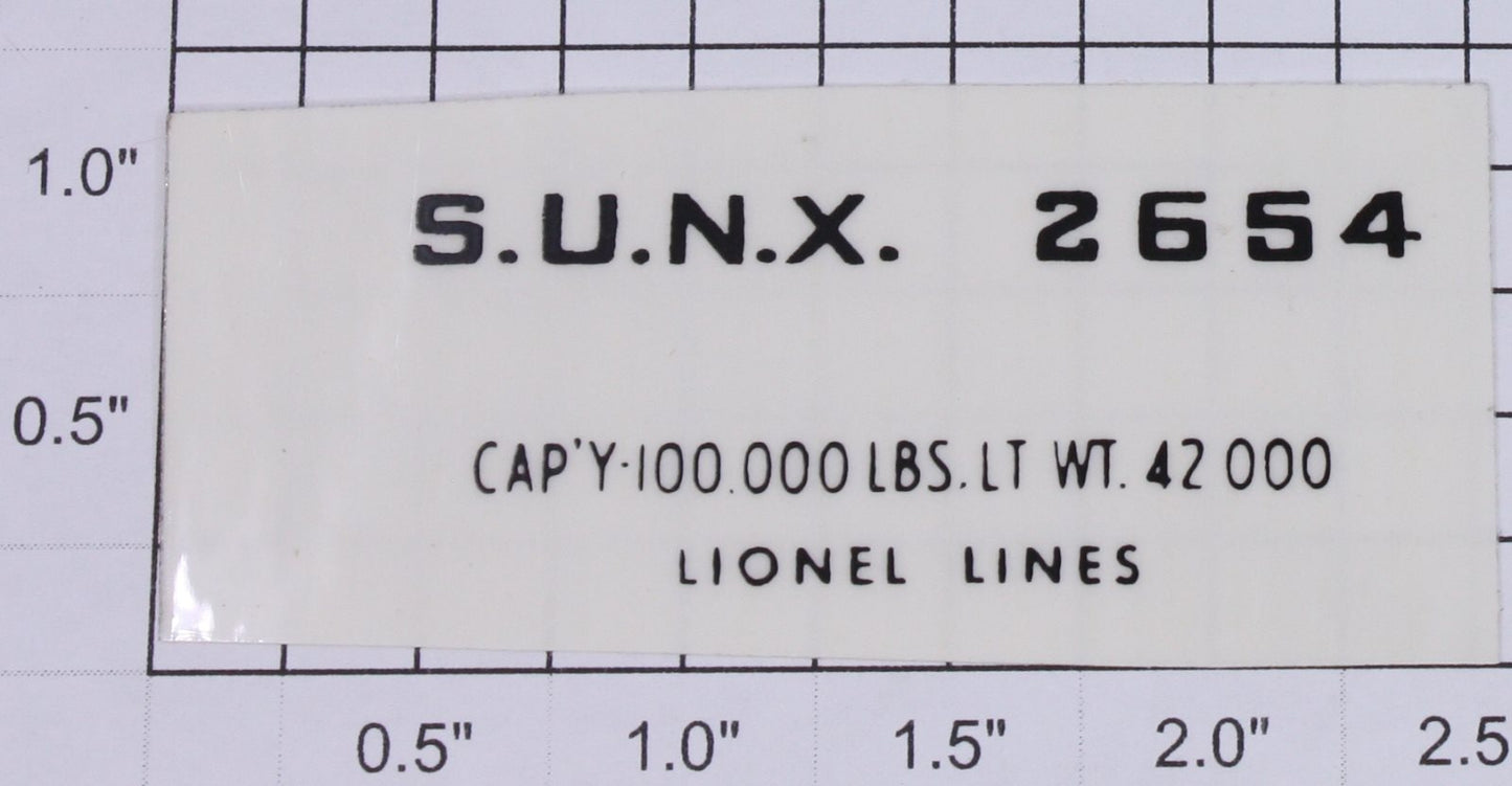 Lionel 2654-10 Black Lettering S.U.N.X. #2654 Sticker Decal