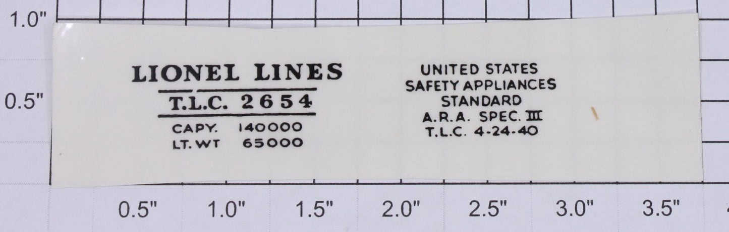 Lionel 2654-2 Prewar Tank Car Number & Safety Standards Sticker Decal