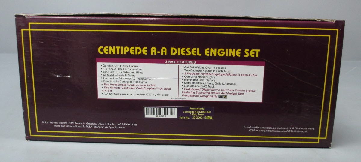 MTH 20-2200-1 O Gauge PRR Centipede AA Diesel Engine Set w/PS1 #5823 LN/Box