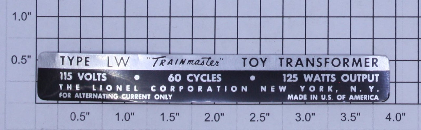 Lionel 22-71 125 Watt LW Transformer Nameplate Sticker
