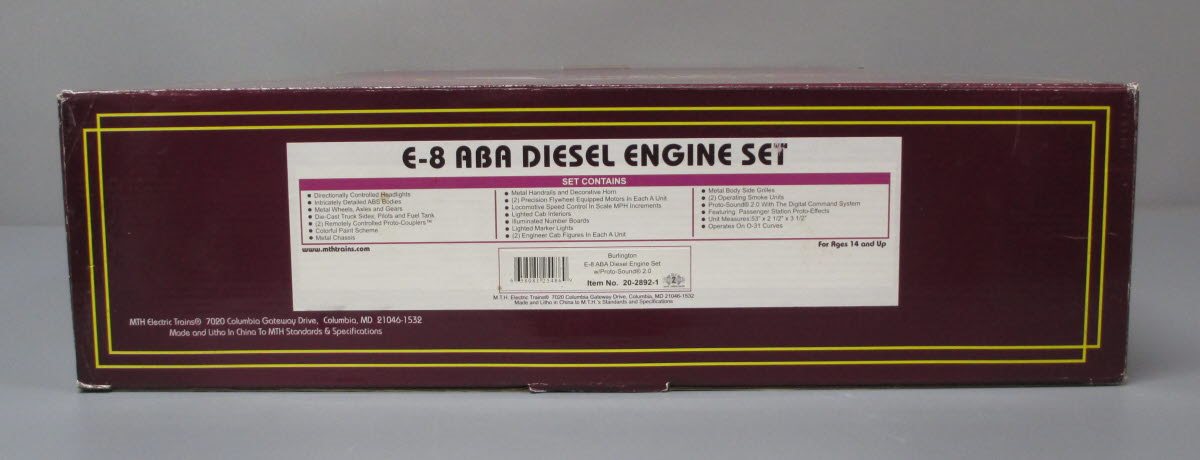MTH 20-2892-1 Burlington E-8 ABA Diesel Engine Set w/PS 2.0 #9936/9967/9936B LN/Box