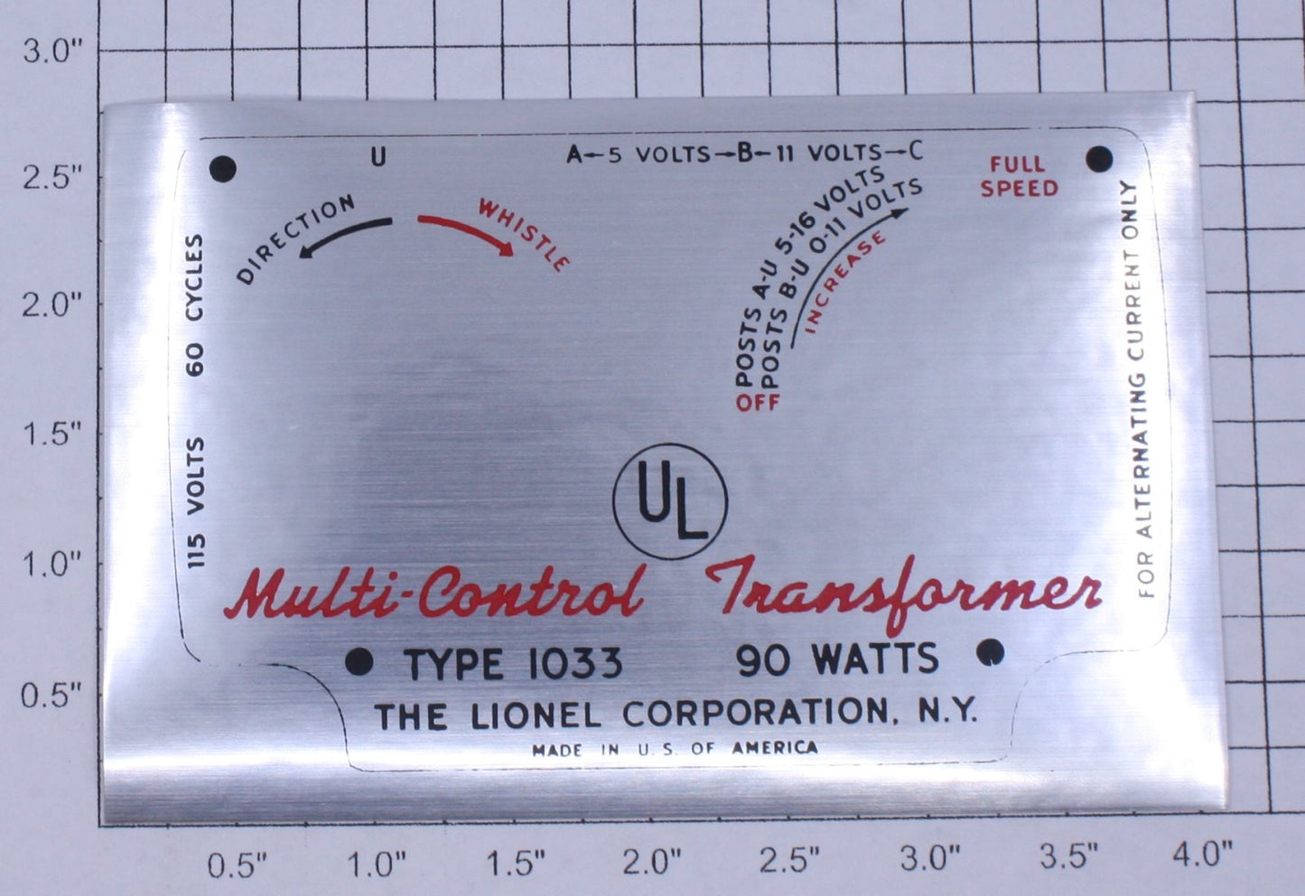 Lionel 1033-25 90 Watt Transformer Nameplate Adhesive Decal