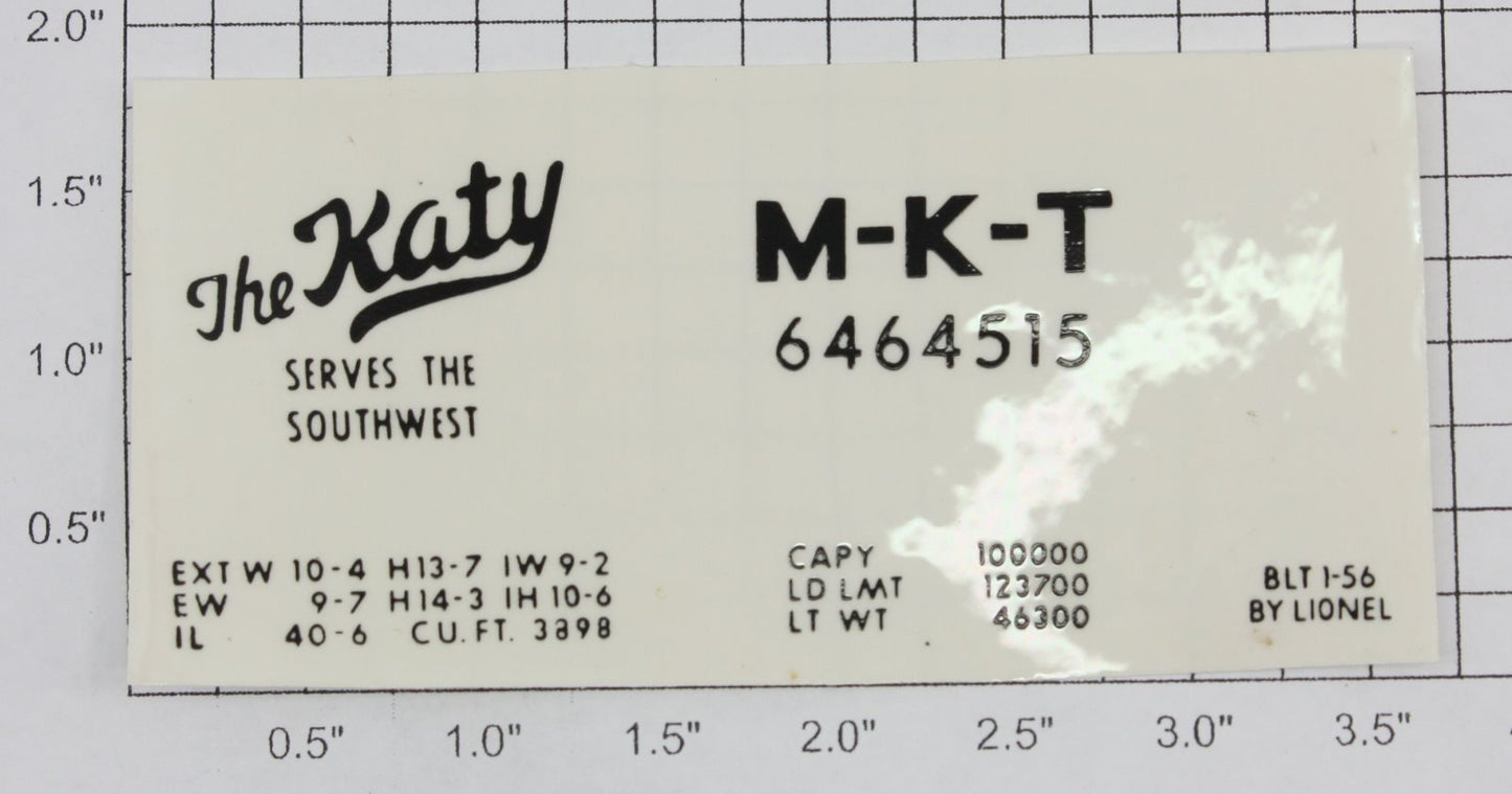 Lionel 6464-515 Black Lettering "The Katy M-K-T" Sticker Decal for Side Car