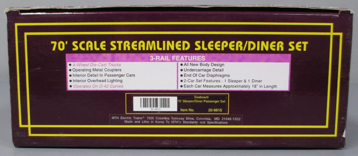 MTH 20-6615 O Seaboard 70' Streamlined Slpr/Diner Passenger Car Set (Set of 2) LN/Box