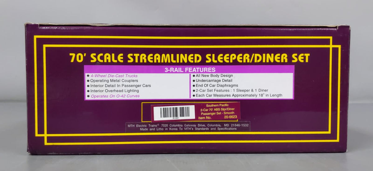 MTH 20-6623 O SP 70' Streamlined Sleeper/Diner Passenger Car Set (Set of 2) LN/Box