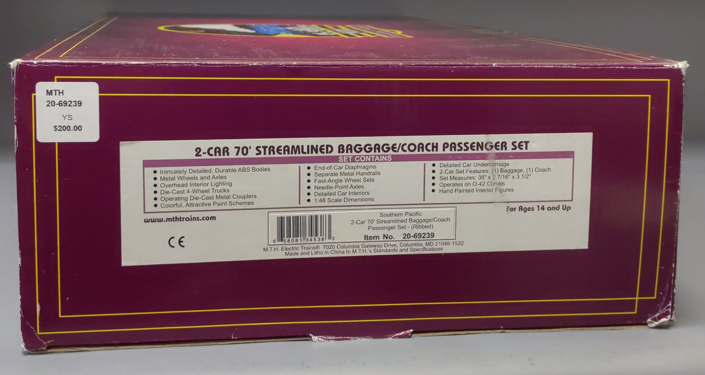 MTH 20-69239 O Gauge SP 70' Streamlined Baggage/Coach Passenger Set (Set of 2) LN/Box