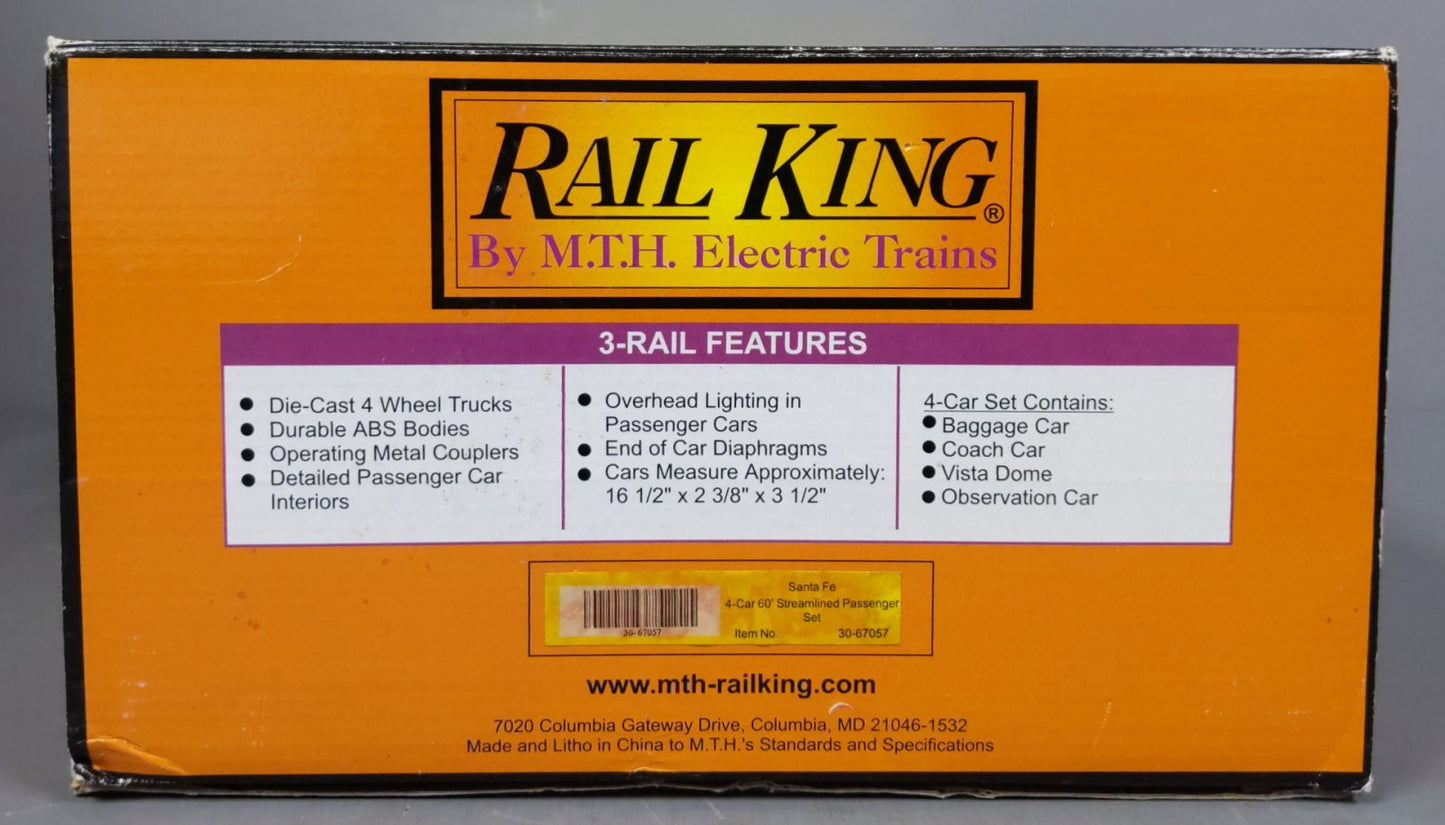 MTH 30-67057 O Santa Fe 60' Streamlined Passenger Set (Set of 4) LN/Box