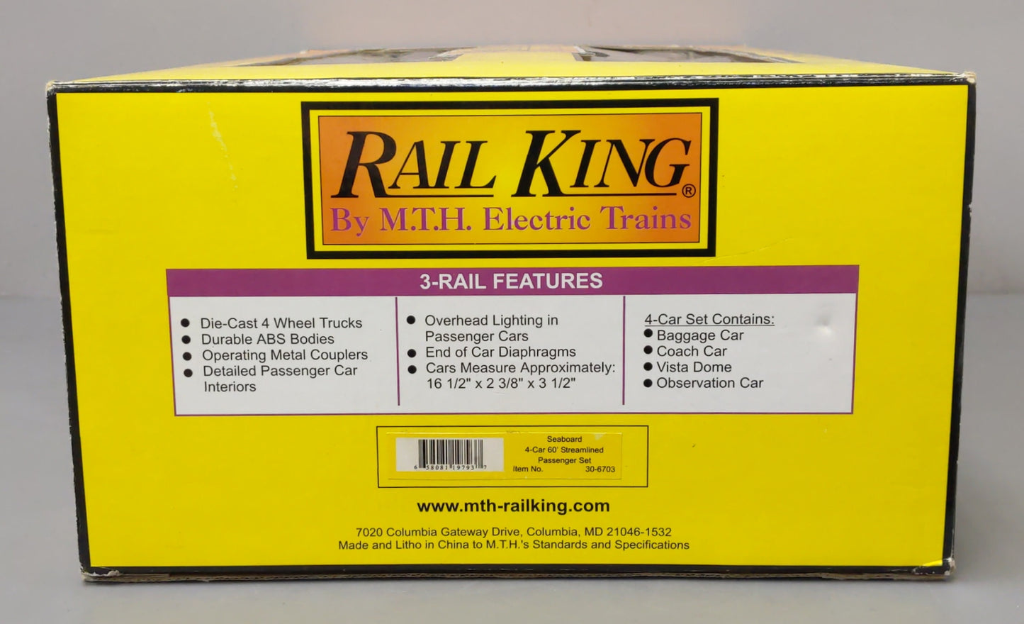MTH 30-6703 O Seaboard Rail King 60' Streamlined ABS Passenger (Set of 4) NIB