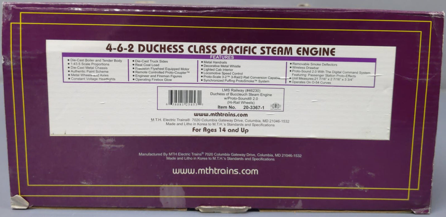 MTH 20-3367-1 LMS Railway Duchess of Bucceleuch Steam Engine w/PS2 #46230