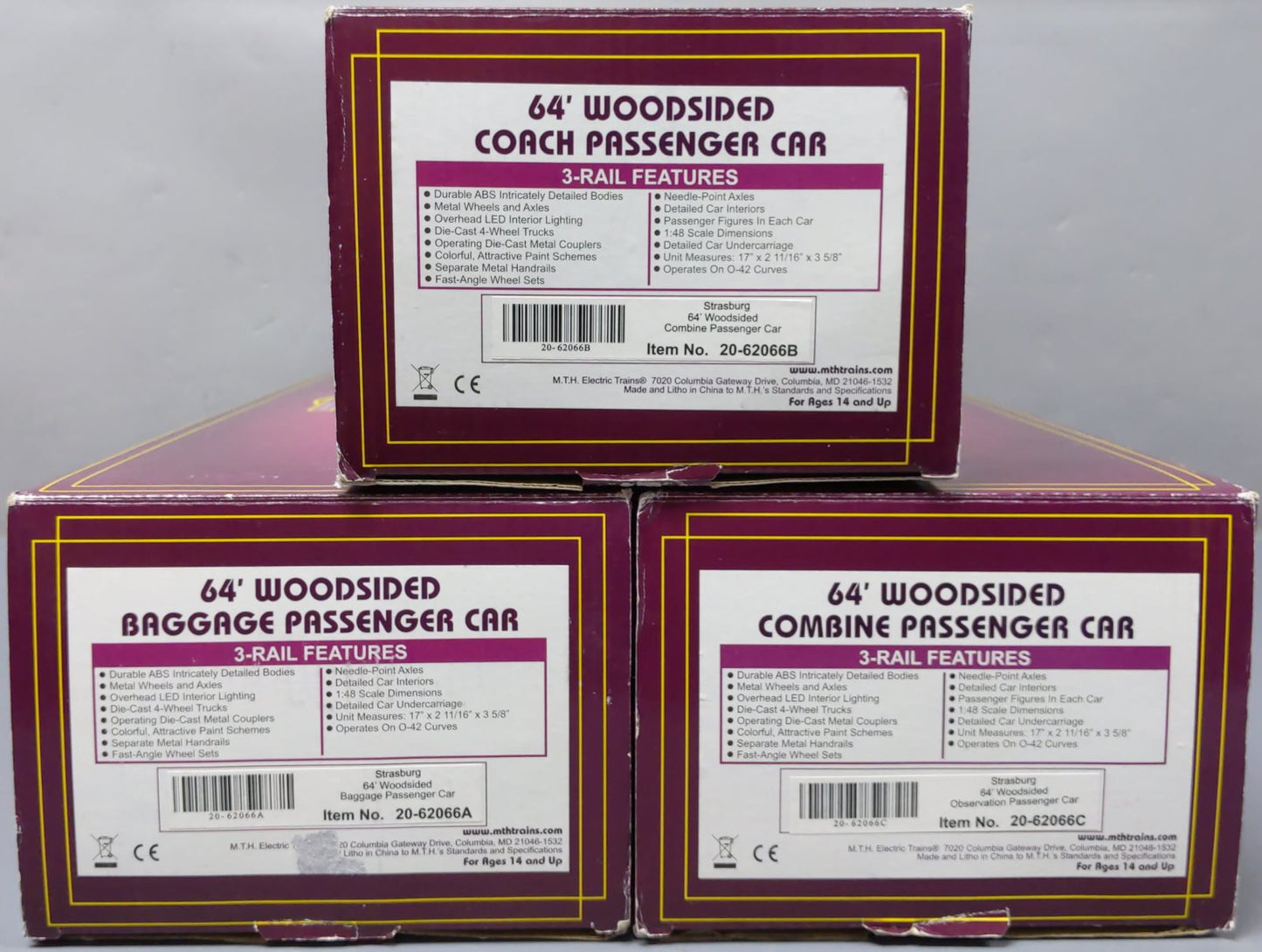 MTH 20-62066 O Strasburg 64' Woodsided Passenger Car Add-On Set (Set of 3)
