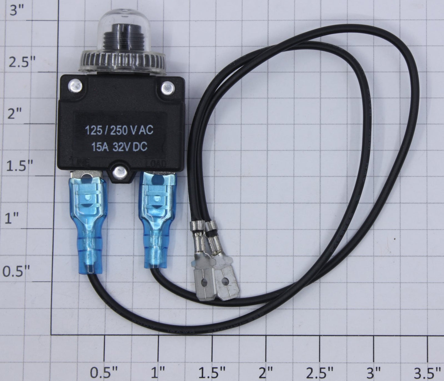Keadic 0103-17 Push Button Circuit Breaker 15A @ 32VDC w/ Leads and Silicone Cap