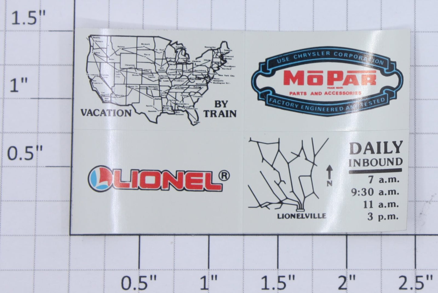 Lionel 12748-10E 4-Panel Decal Sheet (Lionel, Mopar, Map, Daily Inbound)
