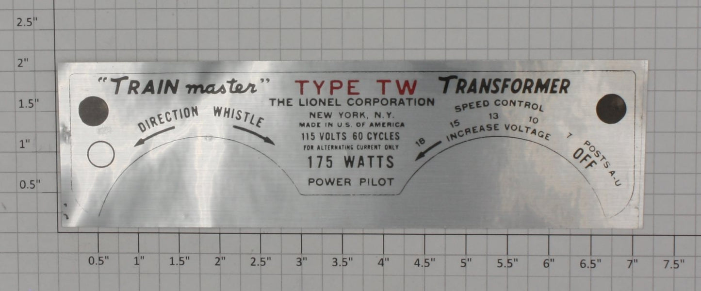 Lionel 21-9 TW 175 Watt Transformer Nameplate Sticker Decal
