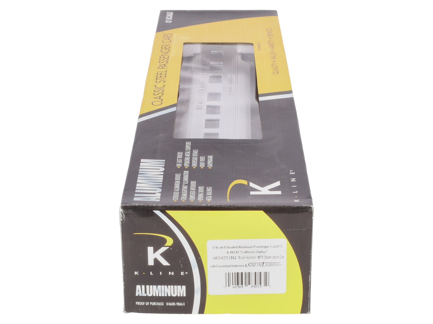 K-Line K4613-40375 O CB&Q California Zephyr "Silver Horizon" 21" Observation Car LN/Box