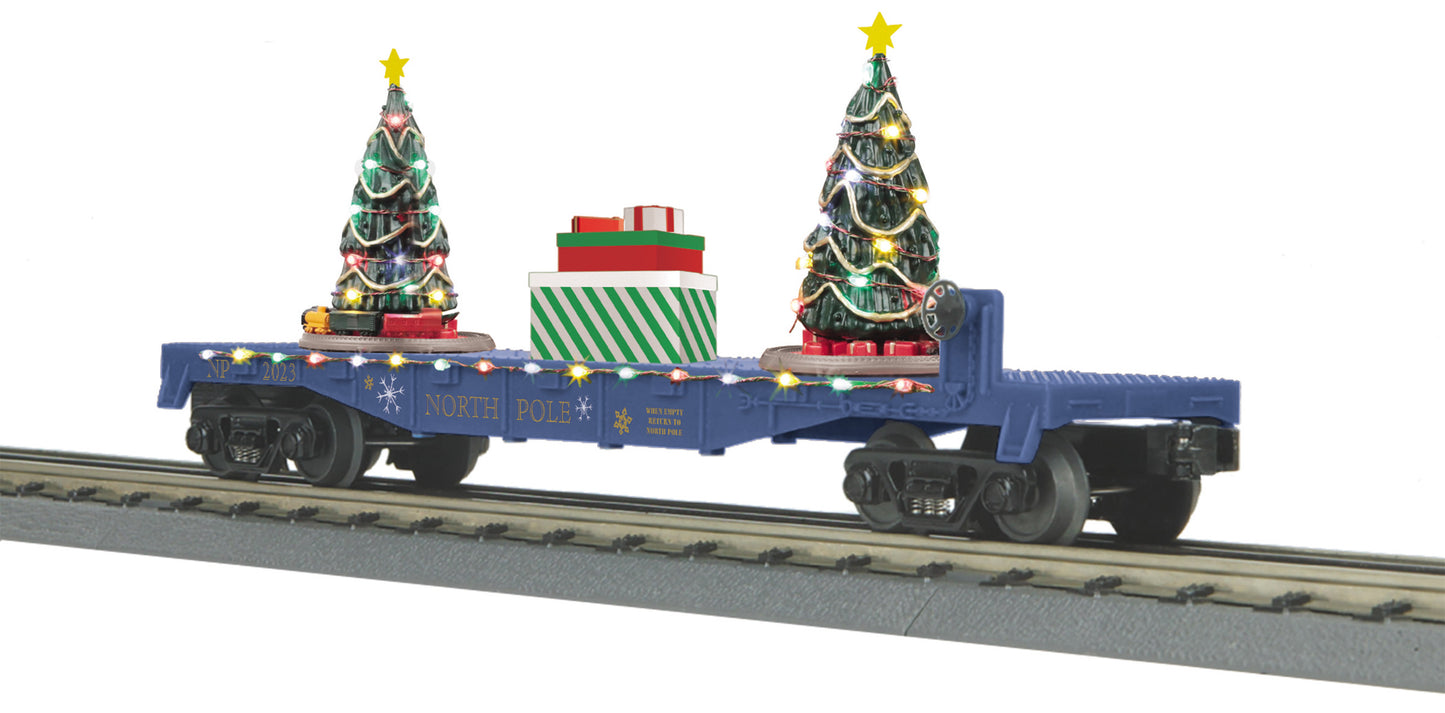 MTH 30-76866 O North Pole Blue RailKing Flat Car w/Lighted Christmas Trees #2023
