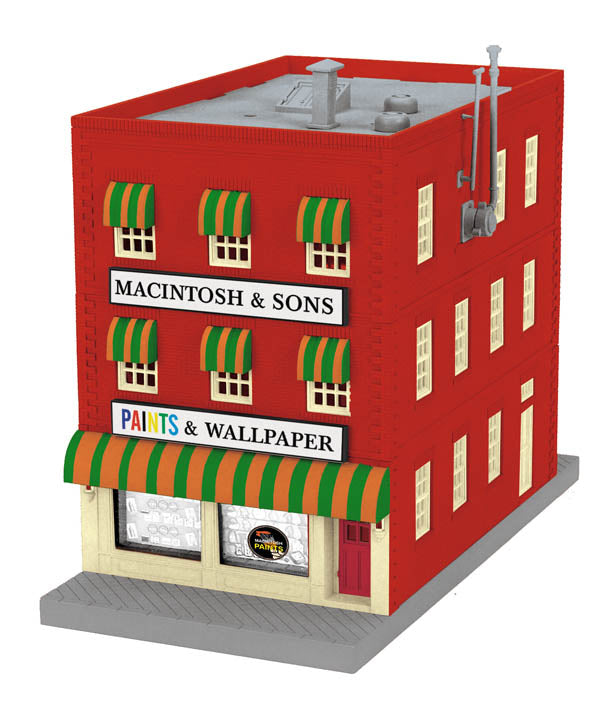 MTH 30-90409 Macintosh Son's Paints 3-Story City Building w/Fire NIB