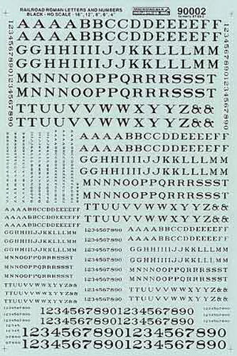 Microscale 90002 HO Black Railroad Roman Alphabet and Numbers Decal Sheet