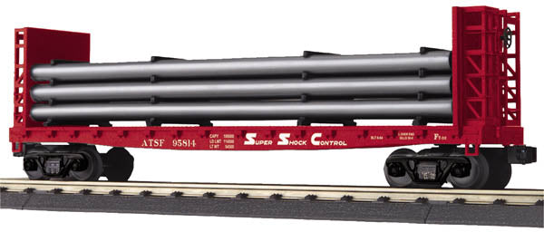 MTH 30-76499 O Gauge Santa Fe Bulkhead Flatcar #95814 with Pipe Load