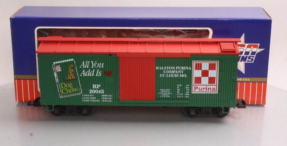 USA Trains 20045 G Purina Dog Chow Boxcar- Plastic Wheels LN/Box