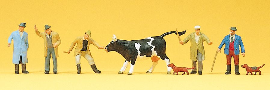 Preiser 10048 HO Working Cattle Traders Figures w/Cow & Dogs (Set of 8)