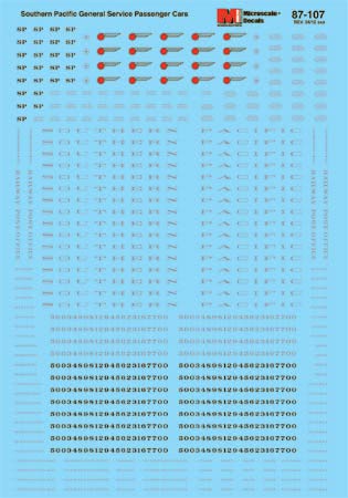 Microscale 87-107 HO Southern Pacific General Service Passenger Cars Decal Sheet