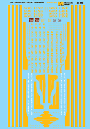 Microscale 87-116 HO Soo Diesels Hoods & Cabs Yellow & Maroon Scheme Decal Sheet