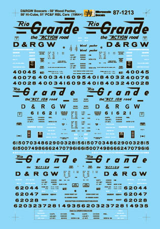 Microscale 60-1213 N Rio Grande Boxcars 50' Wood Packer etc. Decal Sheet