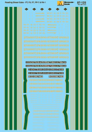 Microscale 87-125 HO Green & Black Reading Early Cab Unit Diesel Decal Sheet