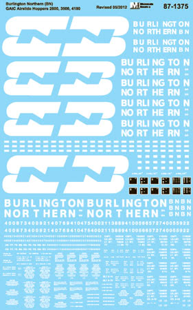 Microscale 87-1375 HO Burlington Northern GATC Airslide Hoppers Decal Sheet