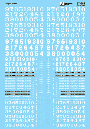 Microscale 87-192 HO White Missouri Pacific Lettering Steam Loco Decal Sheet