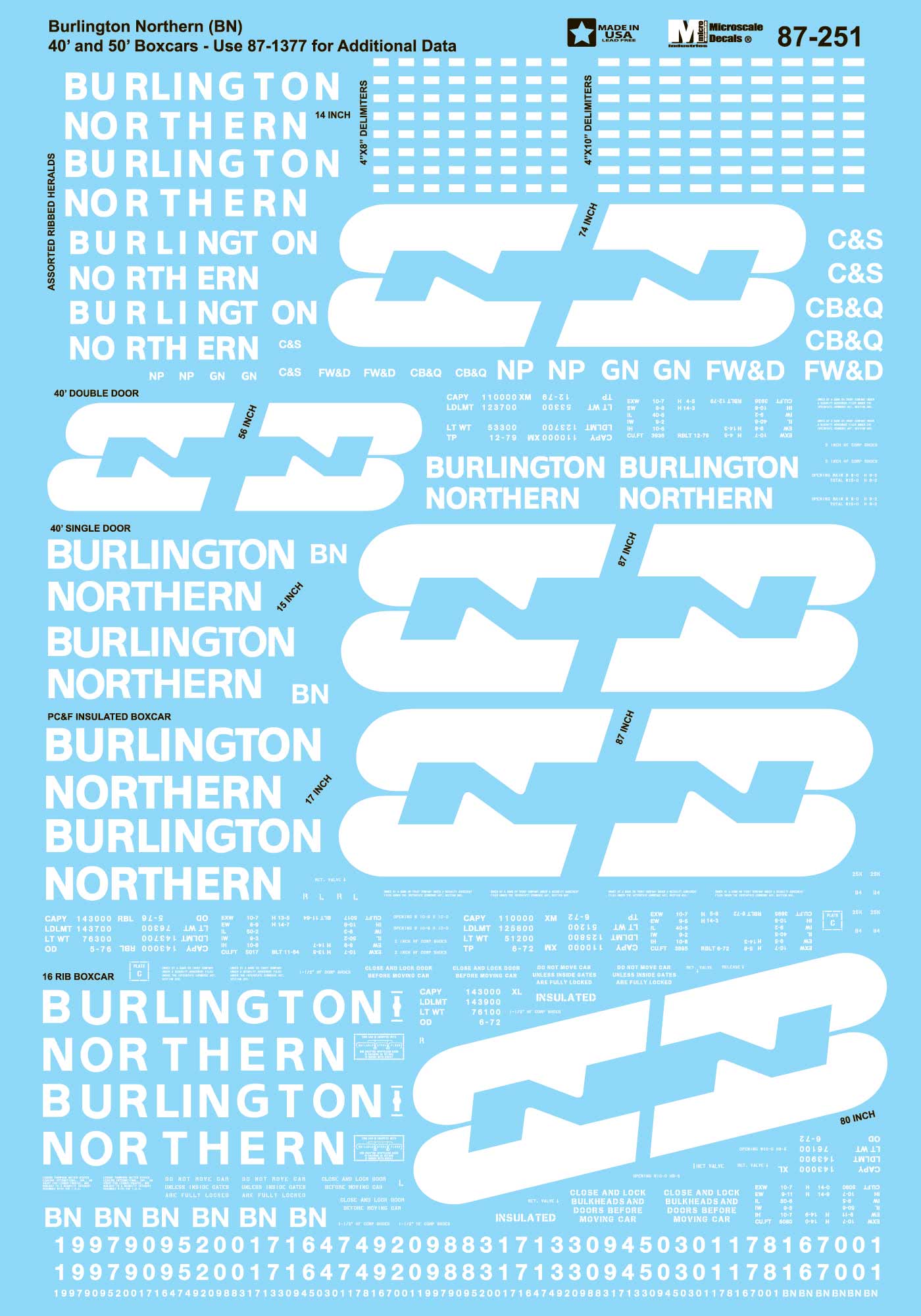 Microscale 60-251 N BN Open Hoppers, Gondolas Boxcars Waterslide Decal Sheet