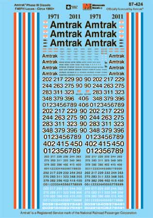 Microscale 87-424 HO Amtrak® Phase III F40PH and Anniversary Diesel Decal Sheet
