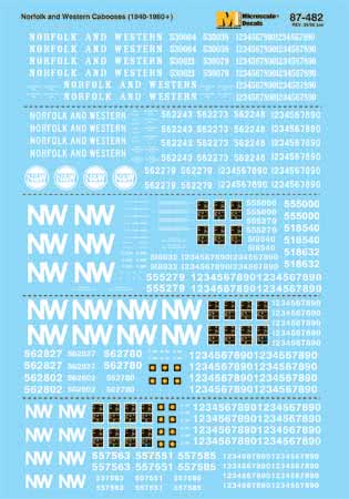 Microscale 87-482 HO N&W Cabooses with White Lettering Decal Sheet