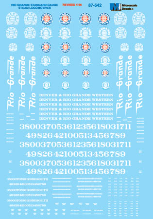Microscale 87-542 HO Denver & Rio Grande Western Steam Locomotives Decal Sheet