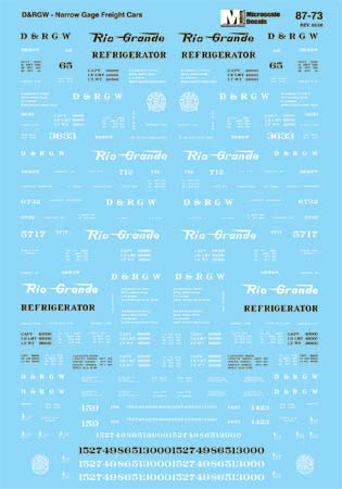 Microscale 87-73 HO Rio Grande Narrow Gauge Freight Cars 1930+ Decal Sheet