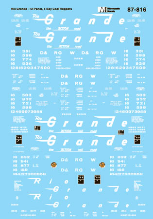 Microscale 87-816 HO 1970+ D&RGW 12-Panel 4-Bay Hoppers Decal Sheet
