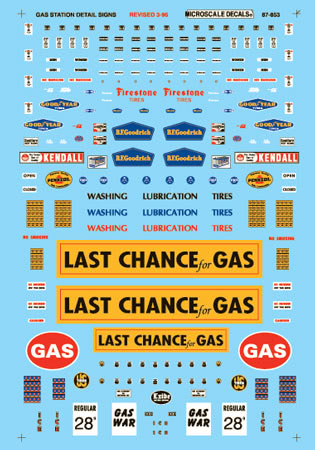 Microscale 87-853 HO 1945+ Gas Station Service Station Signs Decal Sheet